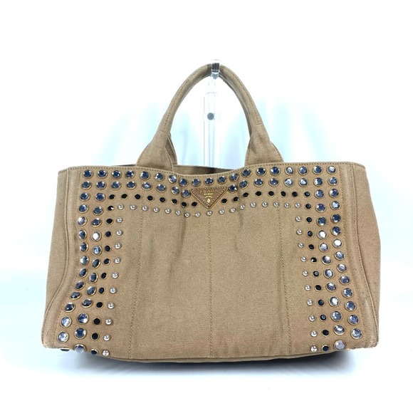 PRADA Prada Canapa Logo Studs Tote Bag Shoulder Handbag Canvas Women's Beige - Picture 1 of 10